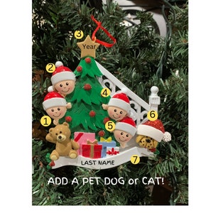Personalized Christmas Morning Stairs Family 4 with Dog-Family of 4 Personalized Christmas Ornament with pet