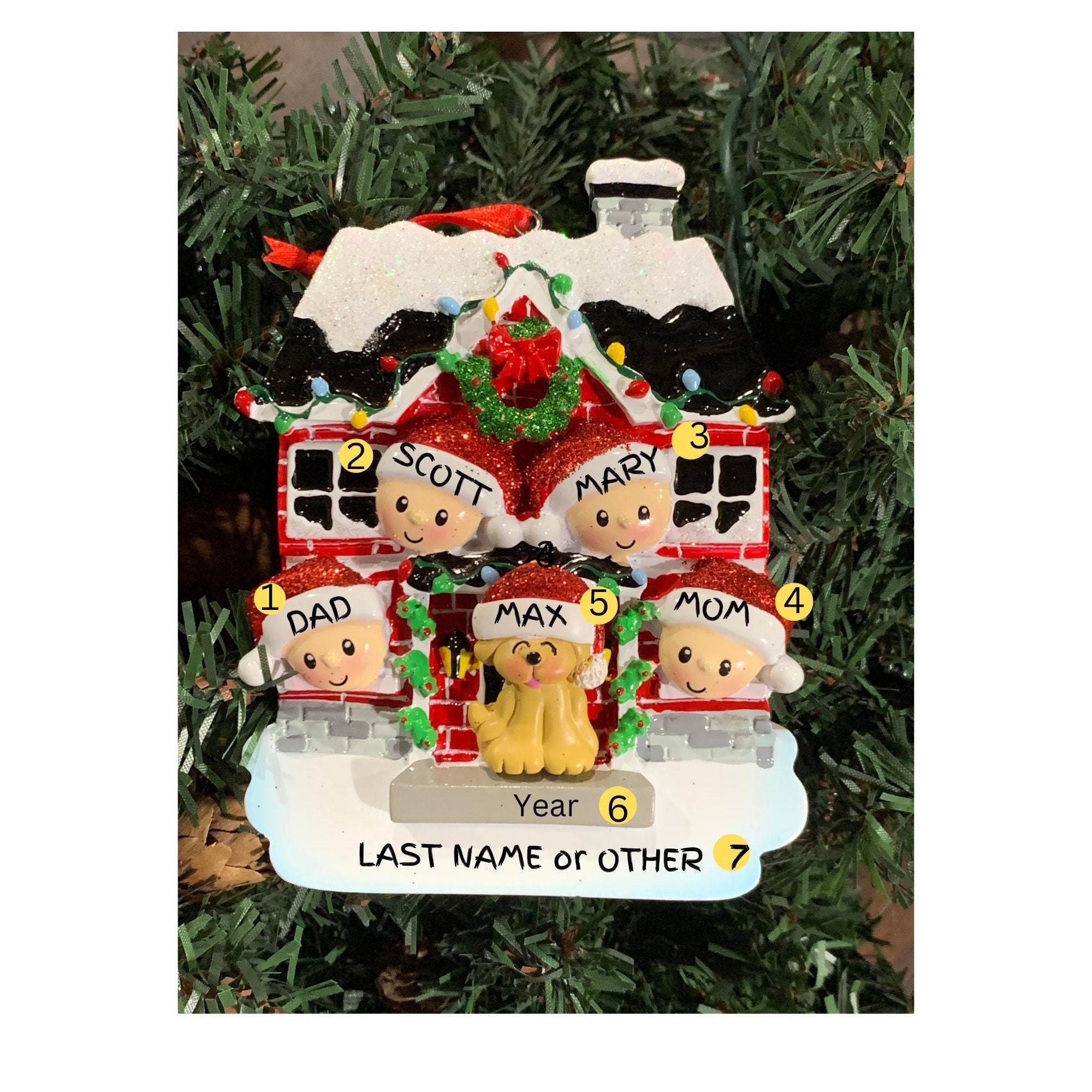 Personalized Brick Christmas House Family of 4 with Pet-Christmas House Family of 4-Personalized Ornament for family of 4.