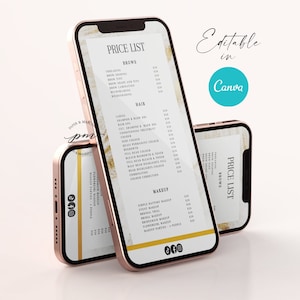 Editable Beauty Salon Price List Template for Mobile, Editable Services Menu, Editable Gold Marble Price List