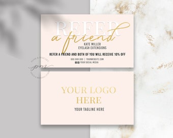 Pink and Gold Referral Card, Personalized Eyelash Extensions Refer A Friend Card