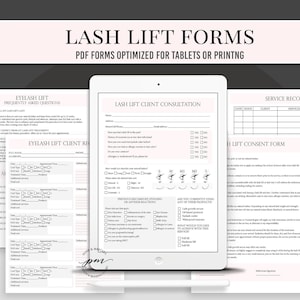 Lash Lift Client Consultatie formulieren, Lash Lift Toestemming formulieren voor tabletten, Record File, Aftercare Cards