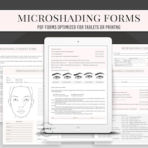 Puede incluir: Un conjunto de formularios PDF imprimibles para servicios de microblading. Los formularios incluyen un formulario de consentimiento, un registro de clientes y una lista de verificación de consulta. Los formularios están optimizados para tabletas o impresión.
