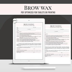 以下が含まれることがあります： 眉毛のワックス脱毛の相談と同意のための白黒の印刷可能なフォーム。このフォームには、病歴、アレルギー、薬に関する質問が含まれています。このフォームには、顧客の署名欄と治療への同意のセクションも含まれています。