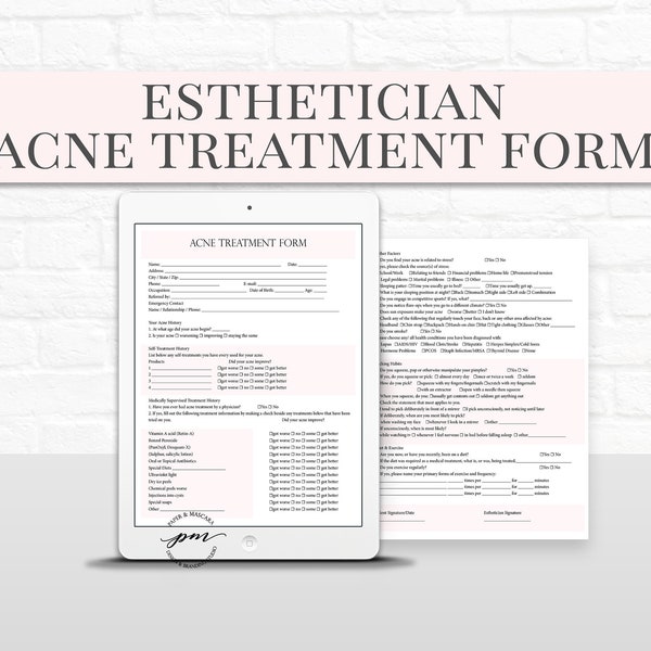 Acne Treatment Client Consultation Form for Tablets, Facials Spa Form, Salon Forms for iPad,  Esthetician Form