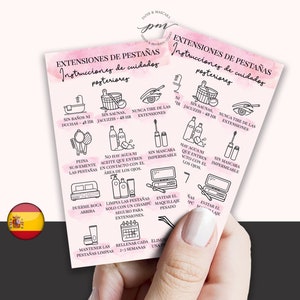 Nazorgkaart voor wimperextensions in het Spaans, Tarjeta de cuidado posterior de extensiones de pestañas, Tarjeta de cuidado posterior