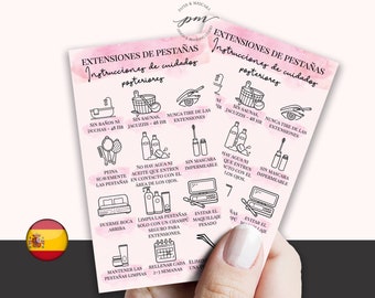 Wimpernverlängerungs-Nachsorgekarte auf Spanisch, Tarjeta de cuidado posterior de Extensiones de Pestañas, Tarjeta de cuidado posterior