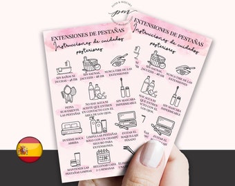 Tarjeta de cuidado posterior de extensiones de pestañas en español, Tarjeta de cuidado posterior de extensiones de pestañas, Tarjeta de cuidado posterior