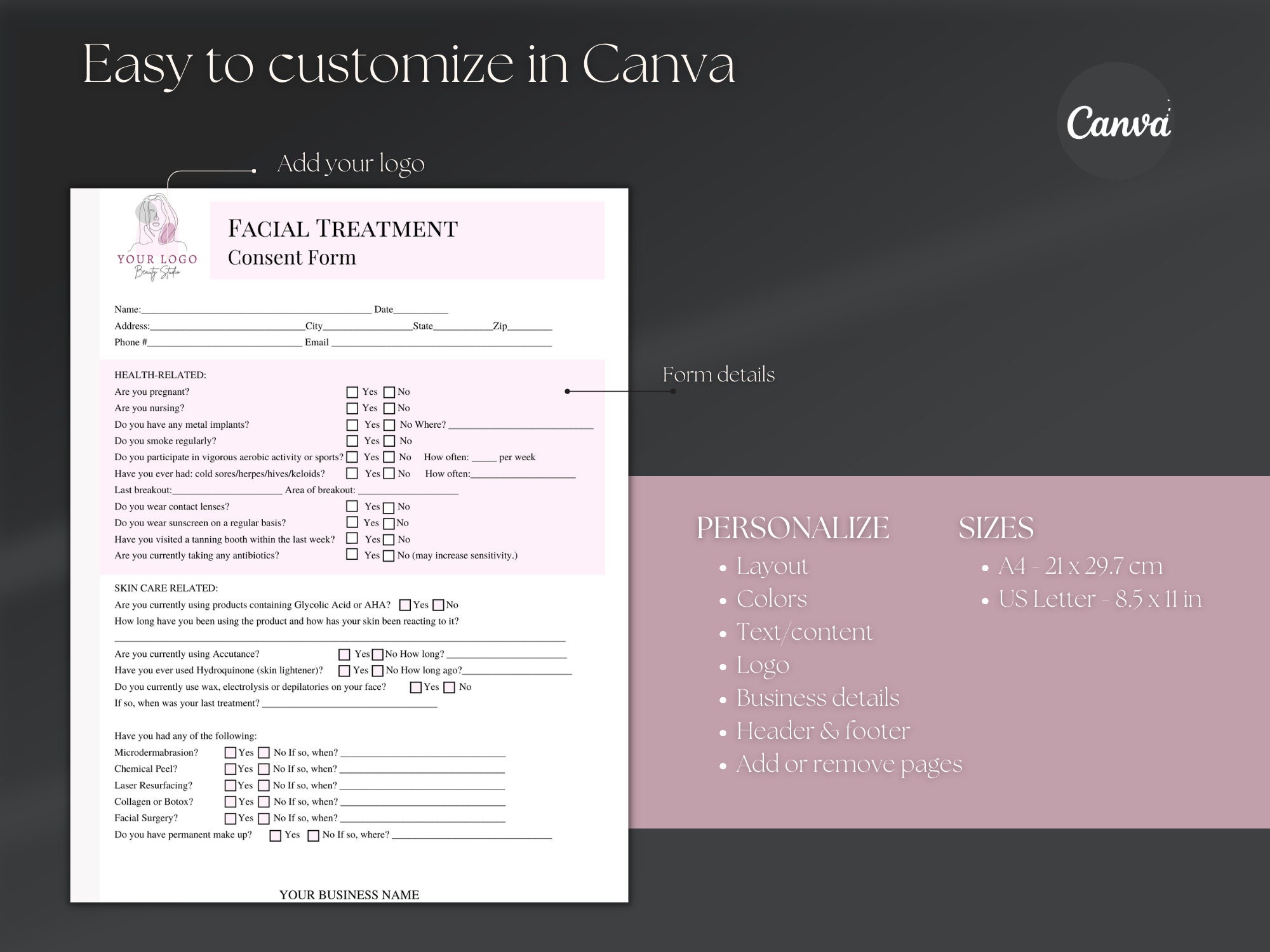 Facial Treatment Consent Form Template, Esthetician Client Forms ...