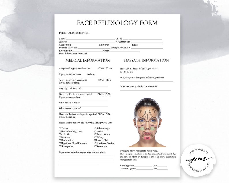 Face Reflexology Client Consultation Form Massage Therapist Etsy