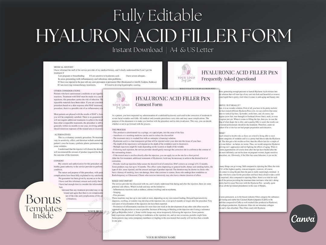 Hyaluronic Acid Pen Consent Form Template, Editable Facial Fillers