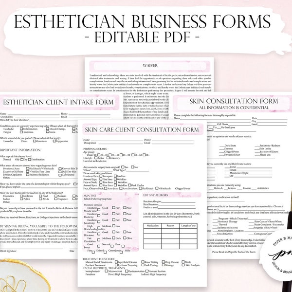 Esthetician Business Planner, Editable Skin Care Consultation Form, Facials Client Intake Form, Facials Esthetician Forms
