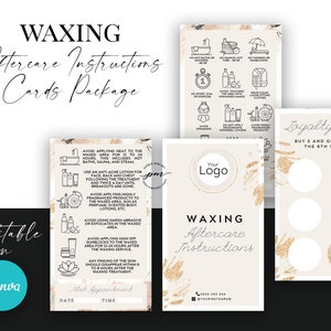 Editable Waxing Aftercare Card Pack, Editable Hair Removal Aftercare Instructions, Editable Loyalty Card, Editable Canva Template
