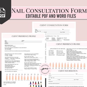 Pode incluir: Um conjunto de três formulários de consulta de unhas imprimíveis para salões de unhas. Os formulários incluem um formulário de consulta de clientes, um perfil de preferências de clientes e um formulário de informações de clientes. Os formulários são arquivos PDF e Word editáveis.