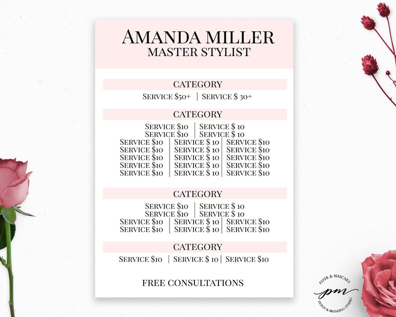 Personalized Hair Salon Price List Template Hair Stylist Etsy