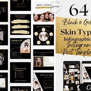 May include: A set of 64 black and gold Instagram post templates for skin types infographics. The templates feature a variety of designs, including text, images, and icons. The templates are designed to help businesses and individuals create engaging and informative content for their social media.