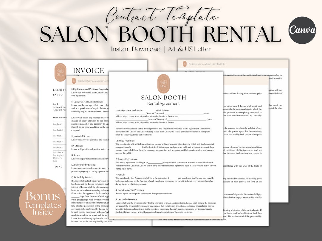 Professional Salon Booth Rental Contract, Editable Booth Rental Professional Salon Booth Rental Contract, Editable Booth Rental