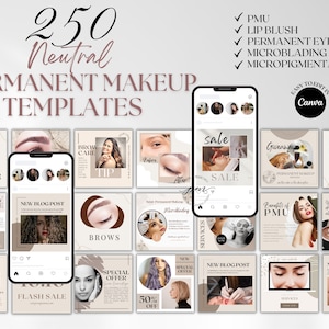 Modelli Instagram per trucco permanente neutro / 250 post Instagram PMU / Modelli Instagram per microblading, fard per labbra, eyeliner permanente