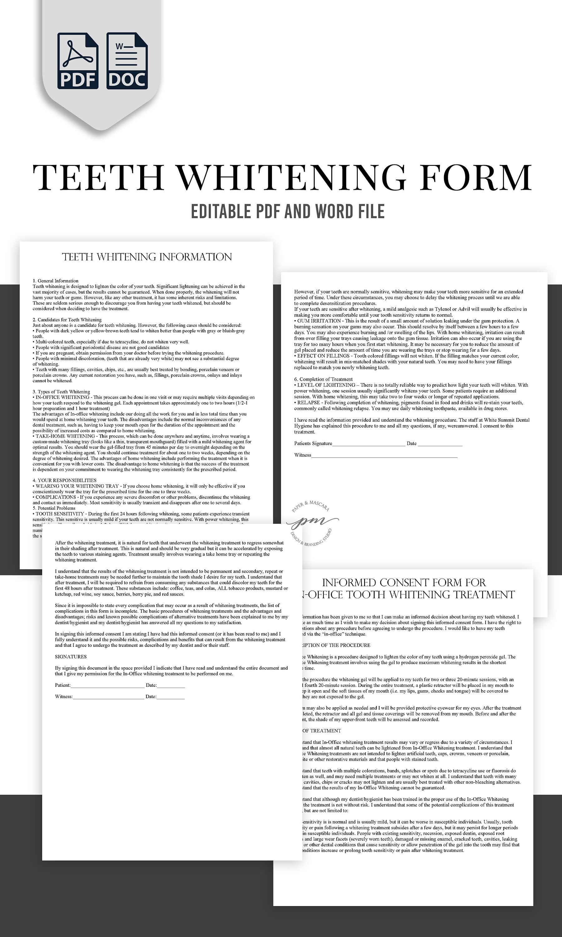 Teeth Whitening Consent Form In Office Teeth Whitening Client Etsy