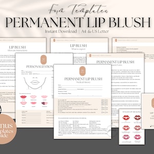 Modèle de consentement pour un fard à joues et de consultation de la cliente, instructions d'entretien du maquillage permanent neutre, formulaires PMU modifiables
