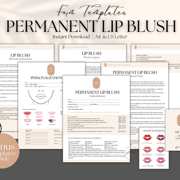 Lip Blush Consent and Client Consultation Form Template, Neutral Permanent Makeup Aftercare Instructions, Editable PMU Forms