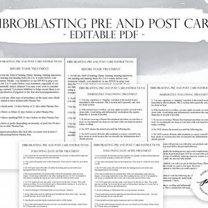 Tarjetas de cuidado posterior de fibroblastos, instrucciones de cuidado previo y posterior a la pluma de plasma, PDF editable