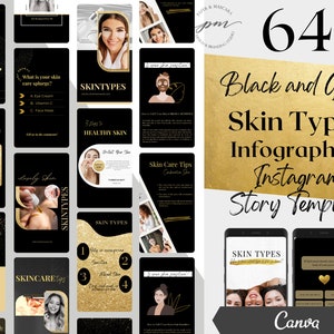 May include: A set of 64 black and gold Instagram story templates for skin types. The templates feature various designs with gold accents and text that says "Skin Types" and "Skincare Tips".