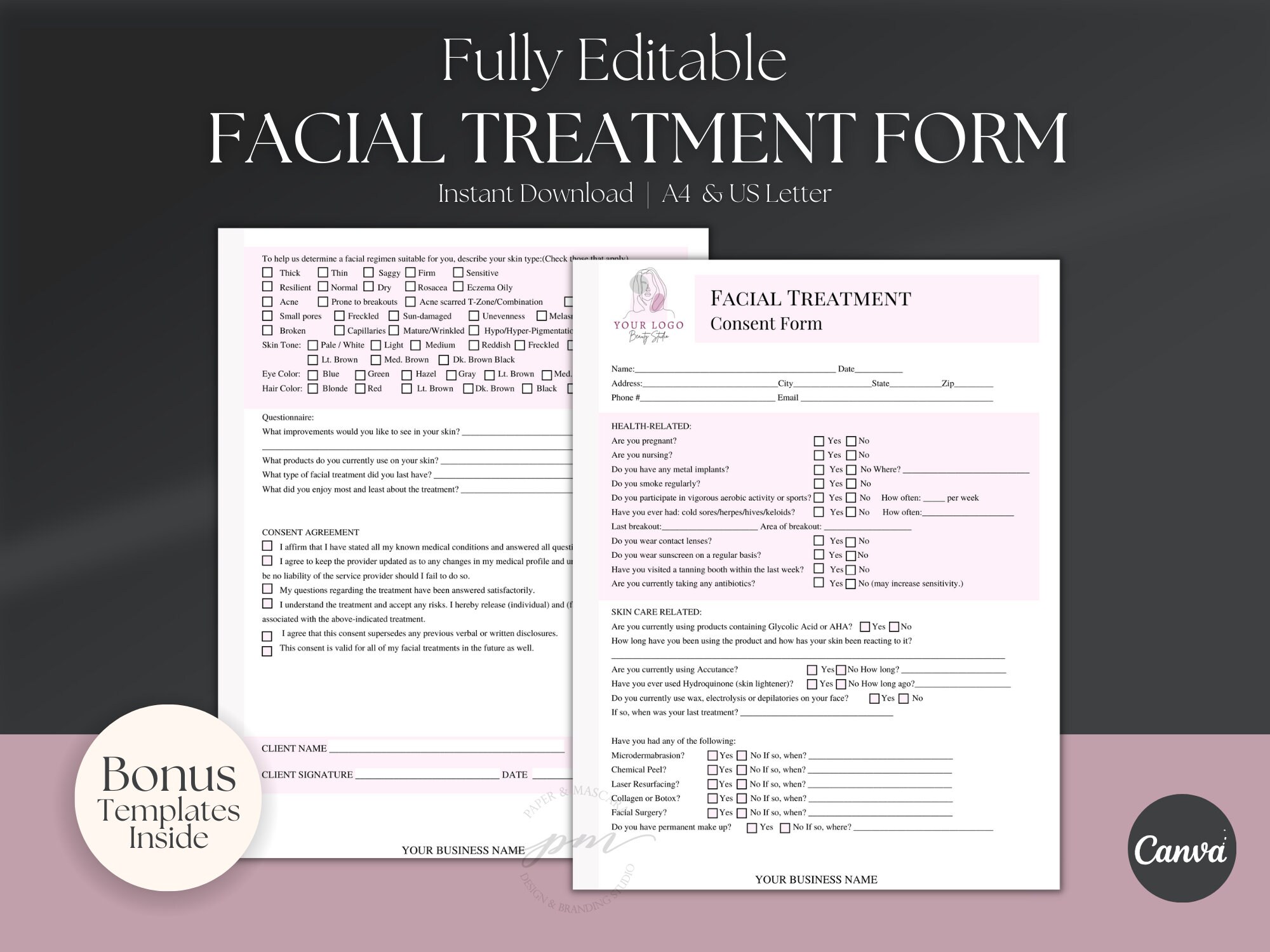 Facial Treatment Consent Form Template, Esthetician Client Forms ...