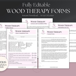 Modelo de formulário de terapia com madeira, modelos editáveis de admissão e consentimento para contorno corporal, formulário de escultura corporal