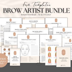 Bundel wenkbrauwartiesten, sjabloon microblading-toestemmingsformulier, wenkbrauwlaminering, wenkbrauw wax en tint, nazorgkaarten, aanpasbare intakeformulieren