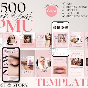 Pink Permanent Makeup Instagram Templates | 500 PMU artist Instagram template | Instagram Templates for Microblading, Lip Blush, Eyeliner