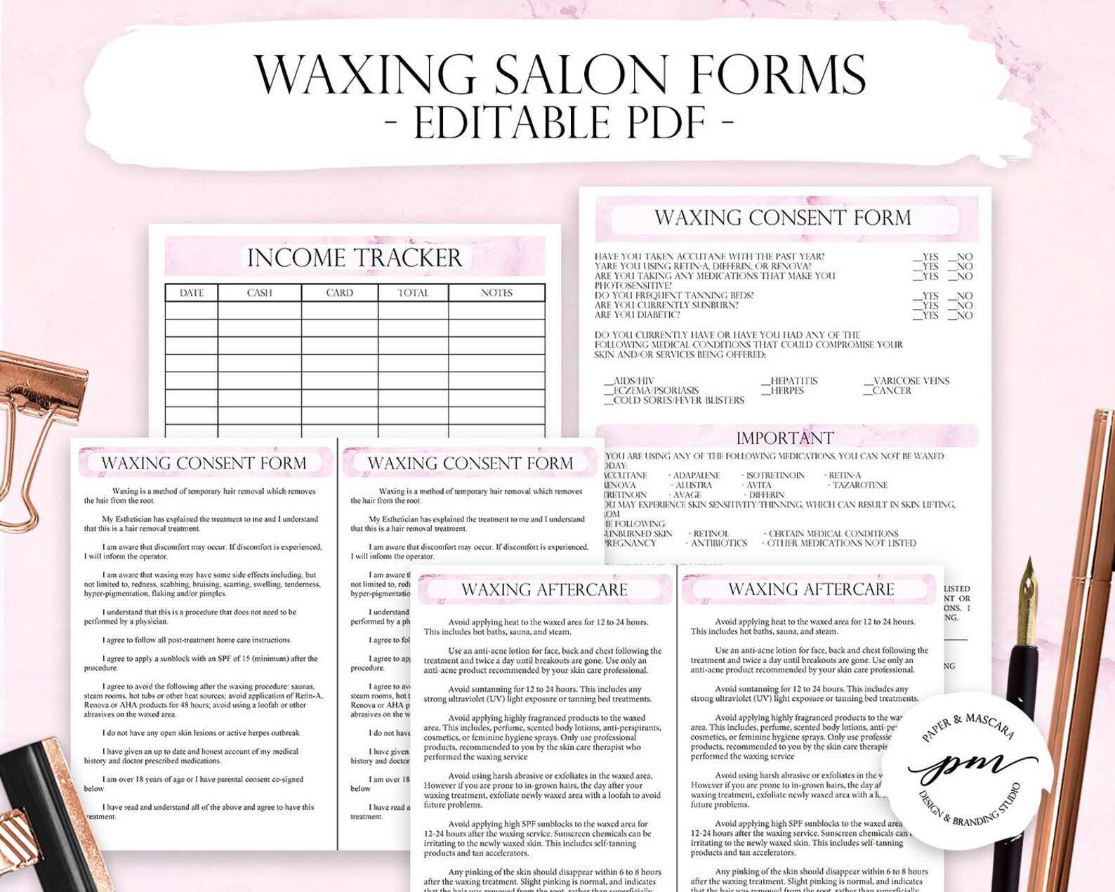 Editable Waxing Salon Business Planner Bundle Pink Marble Etsy