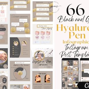 Op de afbeelding: 66 zwarte en gouden Instagram-posttemplates voor Hyaluron Pen-diensten. De templates hebben een modern ontwerp met gouden accenten en verschillende afbeeldingen die betrekking hebben op huidverzorging en schoonheid.