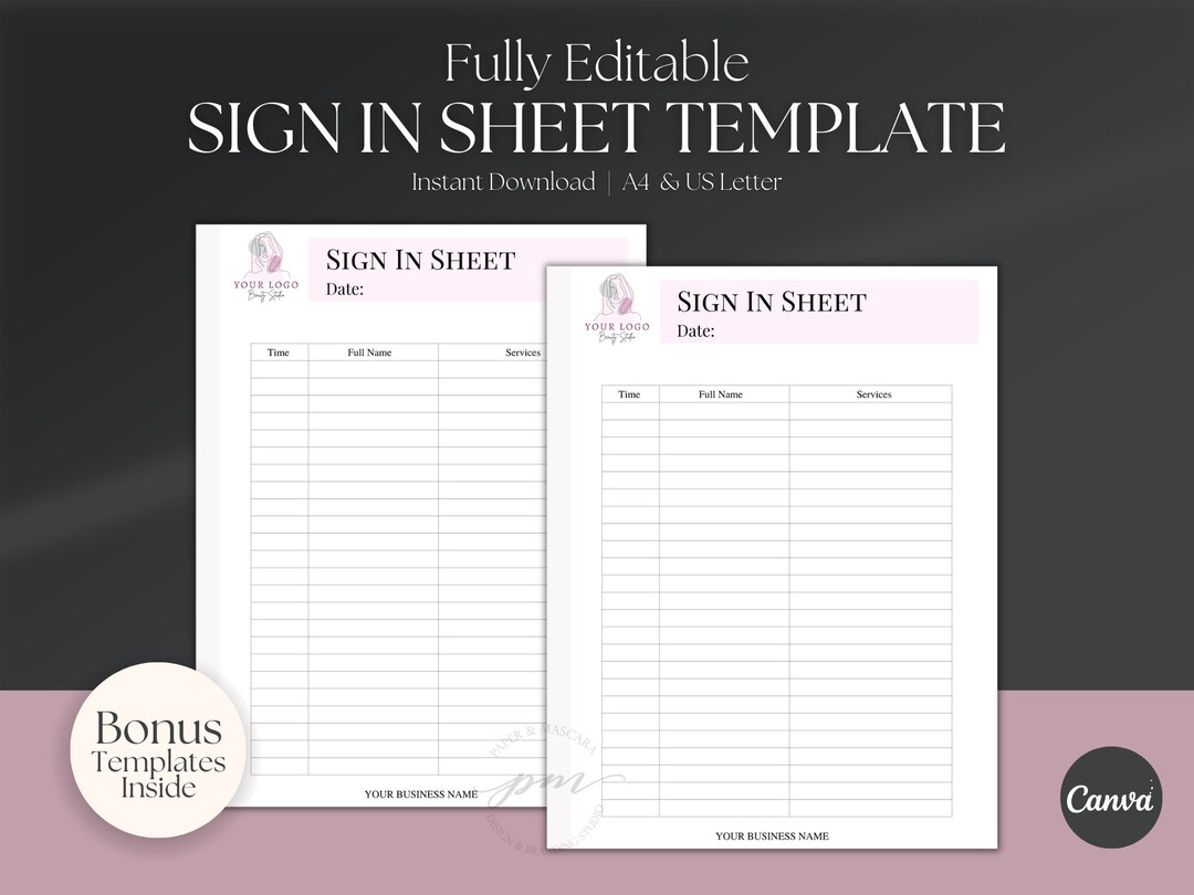 Salon Client Sign-in Sheet Template, Editable Spa and Office Client