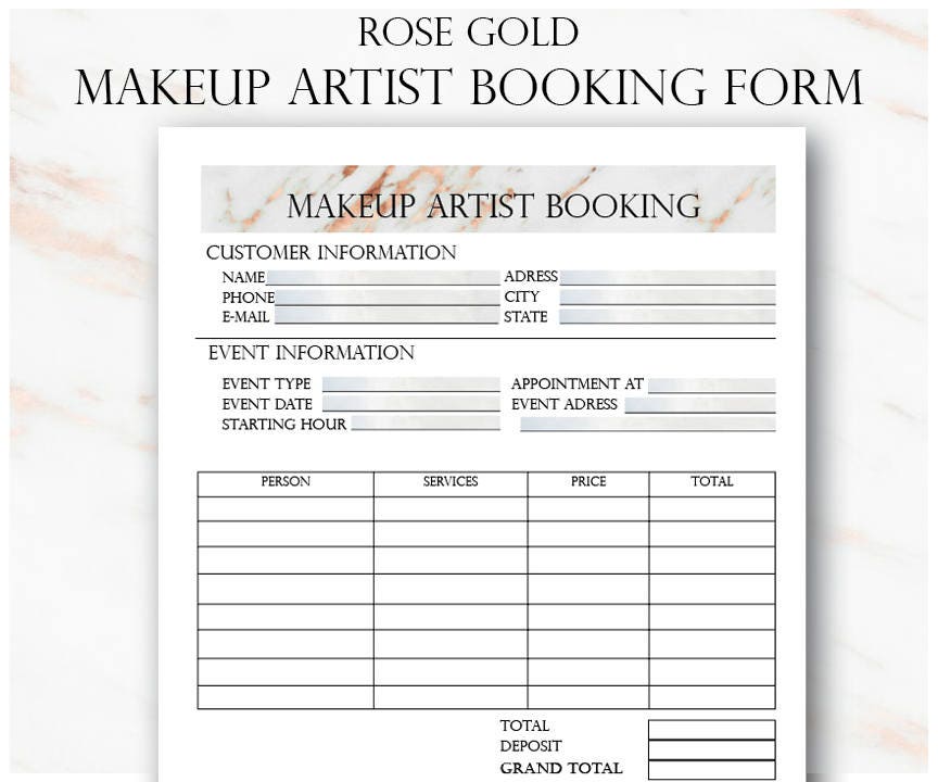 Rose Gold Makeup Artist Booking Form Freelance Makeup