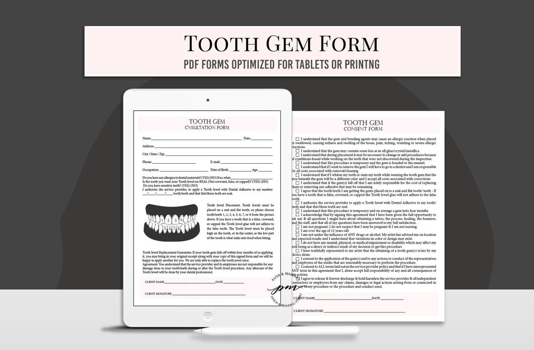 Tooth Gem Consent Form, Tooth Gem Waiver, Tooth Gem Intake Form, Tooth
