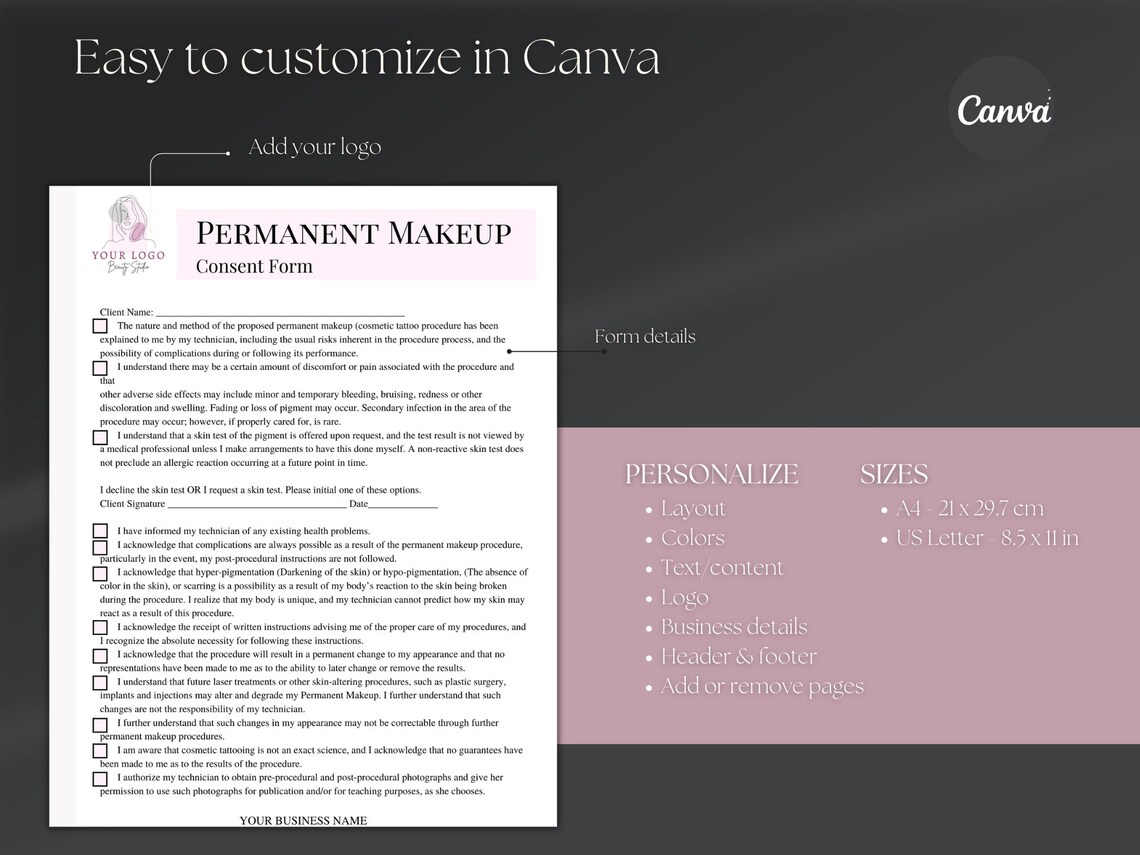 Editable Permanent Makeup Consent and Client Consultation Form Template ...