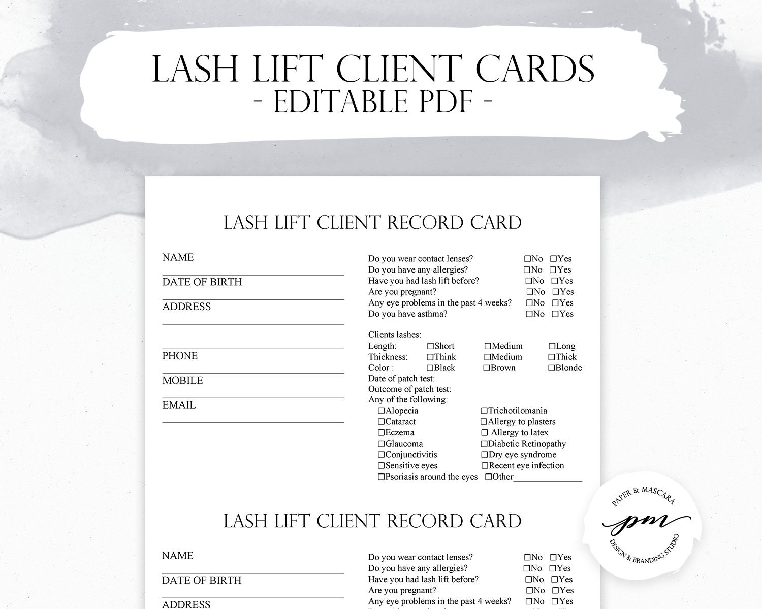Lash Lift Patch Test Client Cards - Salon and Therapist Customer Consultati...