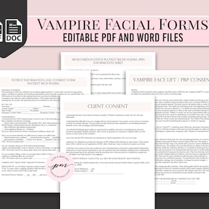 Vampire Facials Florm, Formulaire de consentement PRP, Formulaire de consentement facial PRP, Formulaires d'esthéticienne