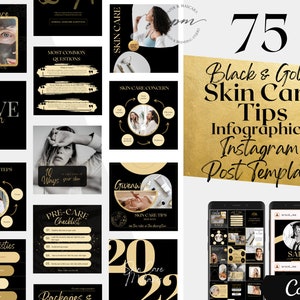 May include: A collection of 75 black and gold Instagram post templates for skin care tips. The templates feature various designs with text, images, and icons. The text includes phrases like "Skin Care Steps", "Pre-Care Checklist", and "Skin Care Tips".