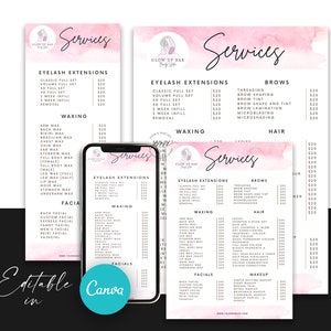 Editable Beauty Salon Price List Template, Editable Services Menu, Pink Watercolor Editable Price List, Canva Template with 4 Sizes Included
