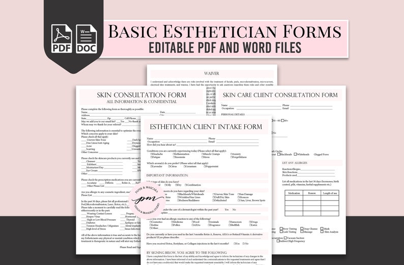 Puede incluir: Tres formularios imprimibles para esteticistas, que incluyen un formulario de consulta de la piel, un formulario de consulta de clientes de cuidado de la piel y un formulario de admisi&oacute;n de clientes de esteticista. Los formularios est&aacute;n en texto negro sobre un fondo blanco.
