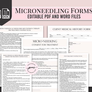 Formulaires de consentement micronethéogènes modifiables, instructions de suivi de microneation personnalisables, formulaire de client de microneation, formes esthétiques