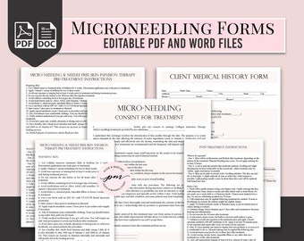 Formularios de consentimiento de microneedling editables, instrucciones personalizables para el cuidado posterior de microaconseadas, formulario de cliente de microaconsecido, formas estéticas