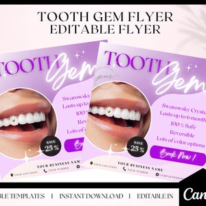 Modello modificabile di volantino per gemma dentale, post su Instagram di ciondoli per denti, volantino dentale per gemma di cristallo Swarovski
