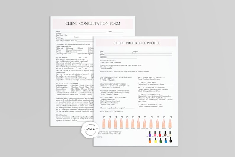 Nail Technician Client Forms, Nail Client Preference Profile, Pink Nail ...
