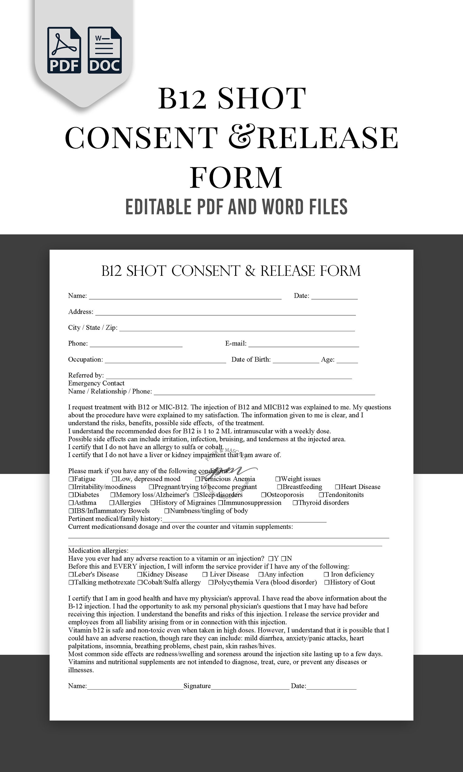 B12 Shot Consent Form Template Facial Fillers Consent Etsy