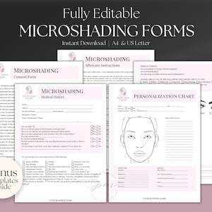 Puede incluir: Un conjunto de tres formularios imprimibles para un negocio de microsombreado. Los formularios se titulan "Formulario de consentimiento", "Historial médico" y "Tabla de personalización". Los formularios son de color rosa y blanco con un espacio reservado para el logotipo y espacio para el nombre del negocio.