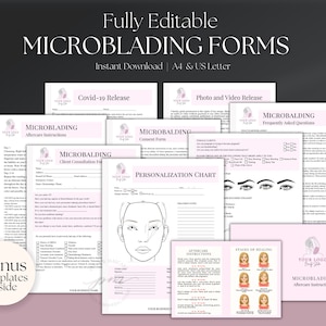 Modèle de formulaire client et de consentement pour le microblading, formulaires de microblading modifiables, modèle de carte d'instructions de suivi du microblading