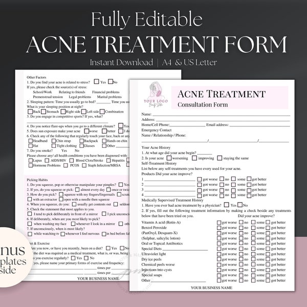 Editable Acne Treatment Client Consultation Form Template, Customizable Facials Spa Form, Editable Esthetician Form