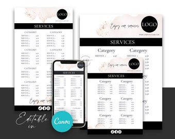 Editable Beauty Salon Price List Template, Editable Services Menu, Editable Pink and Gold Price List, Canva Template with 4 Sizes Included